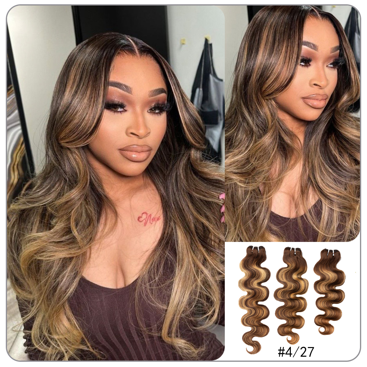 Brown Highlight Body Wave | 100% Human Hair Bundles | Budget Friendly 10A Grade Brazilian Virgin 100% Human Hair Quick Weave Sew in/Glue in Viral Hair Bundles