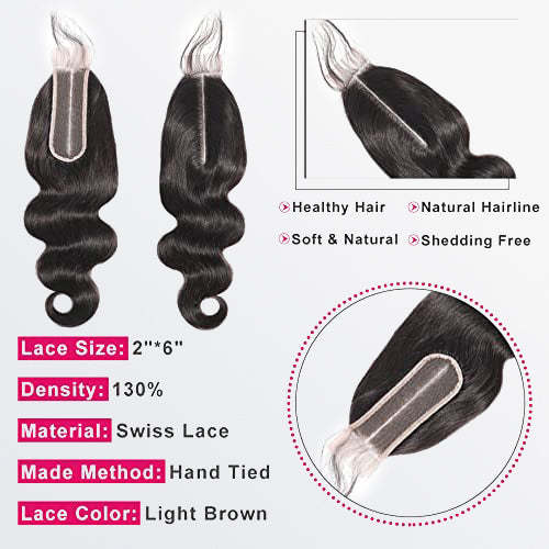 TedHair 12-20 Inches 2" x 6" Upgrade Body Wave Transparent Lace Closure #1B Natural Black