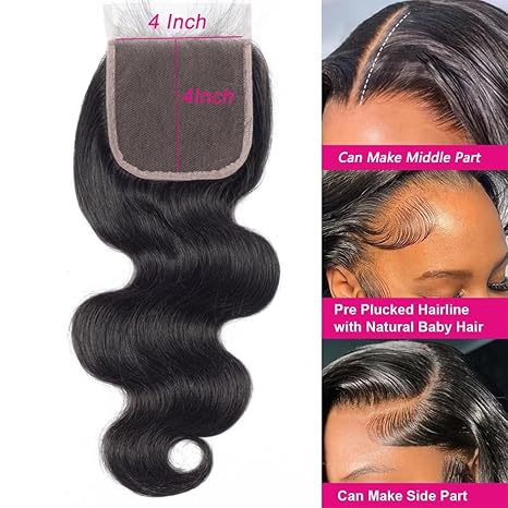 [Wequeen] 14-20 Inch 4" x 4"  Body Wave Free Parted Lace Closure #1B Natural Black