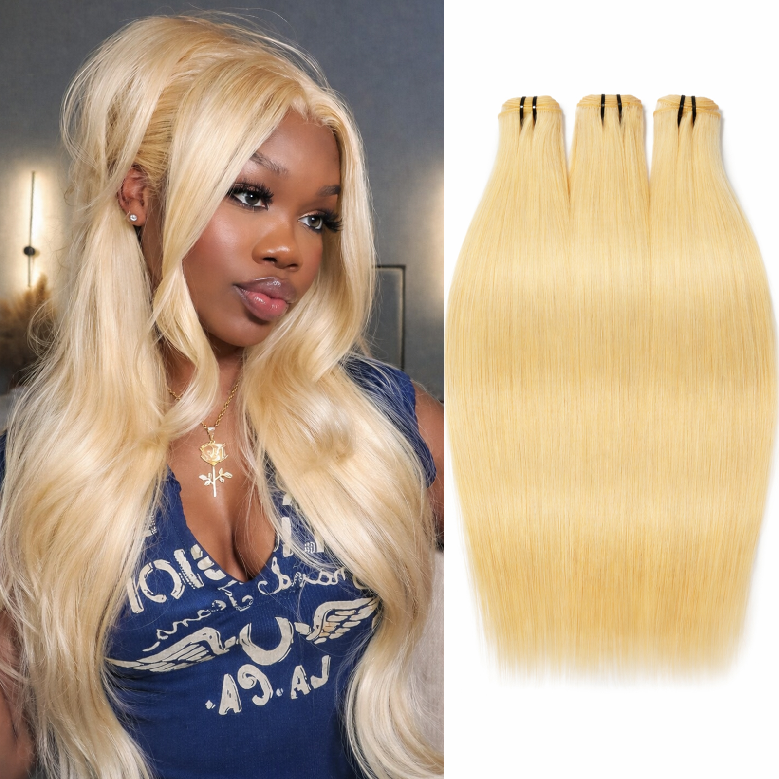 613 Human Hair Bundles Straight Blonde Bundles Human Hair 613 Bundle 12A Brazilian Virgin Blonde Straight Bundle 16-30 Inch Quick Weave Hair Extensions