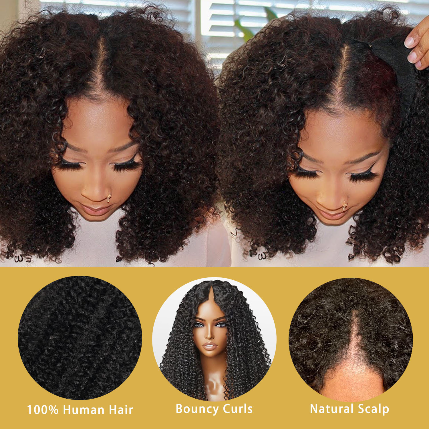 [Wequeen] Wear & Go Glueless Straight/ Kinky Curly V Part Wig No Leave Out Thin Part Human Hair Wigs for Beginner Protective Style - Natural Black #1b