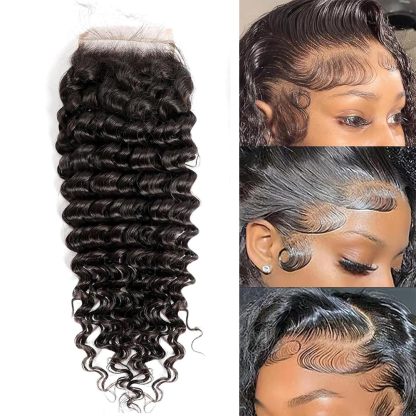 [Wequeen] 2"x6";4"x4";5"x5";13"x4";Upgrade Deep Wave Straight Transparent Lace Closure #1B Natural Black 12-18inch