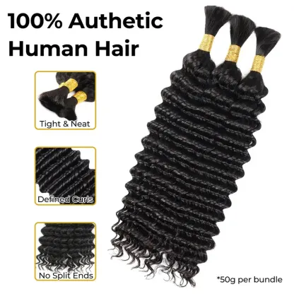  Boho Braids Deep Wave 12A Grade Salon Quality 100% Brazilian Virgin Hair Human Bulk Braiding Deep Wave 16"-24" For Trendy In Summer