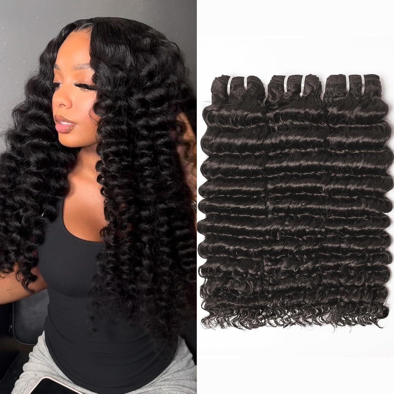 Vacation Friendly Deep Wavy Bundles | 14–26” Human Hair | #1B Natural Black | Natural Look, Big Volume