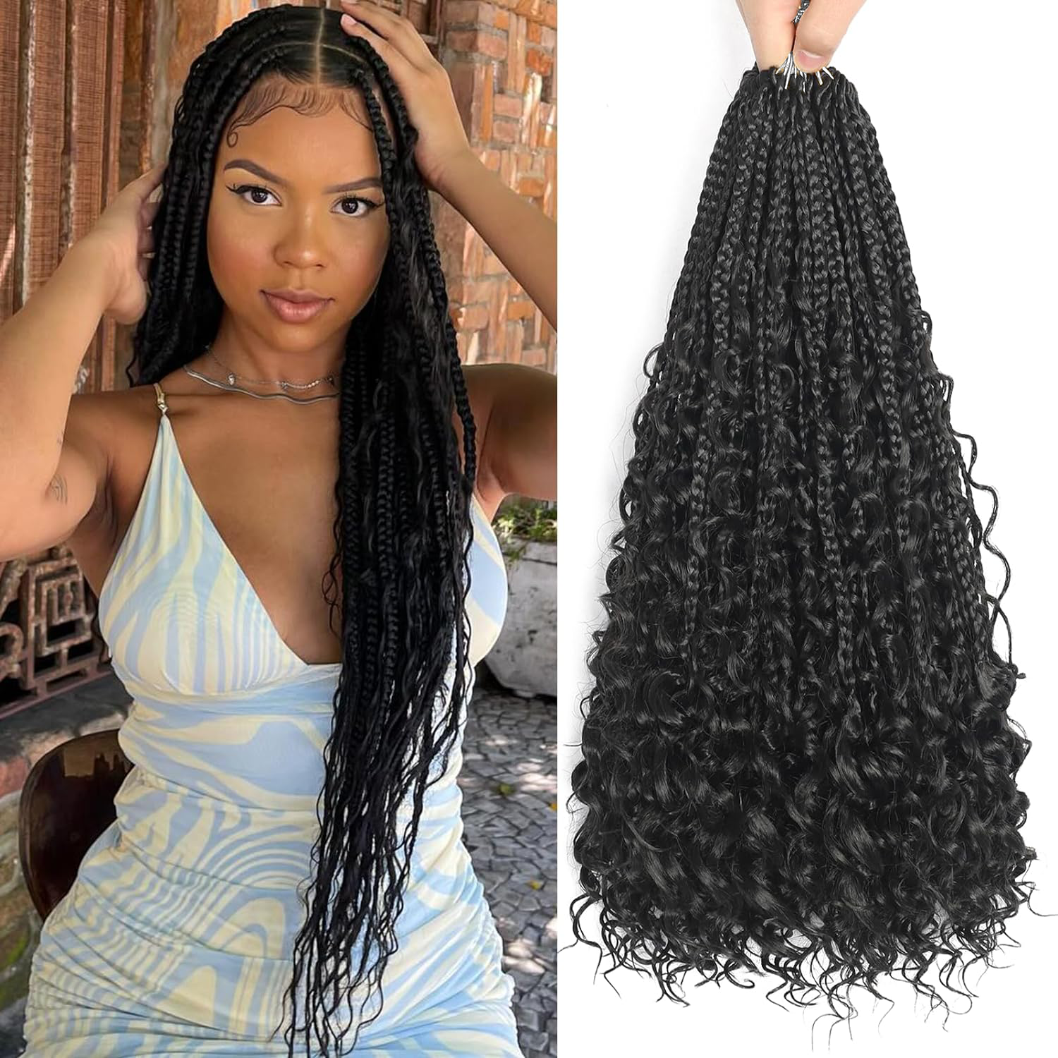 [Wequeen] Boho Box Braids Crochet HairSynthetic Hair Pre Looped Box Braids With CurlySynthetic hair Full Ends Hair Extensions ForWomen Natural Color 18 Inch 1 Pack 12 Strands14 24inch