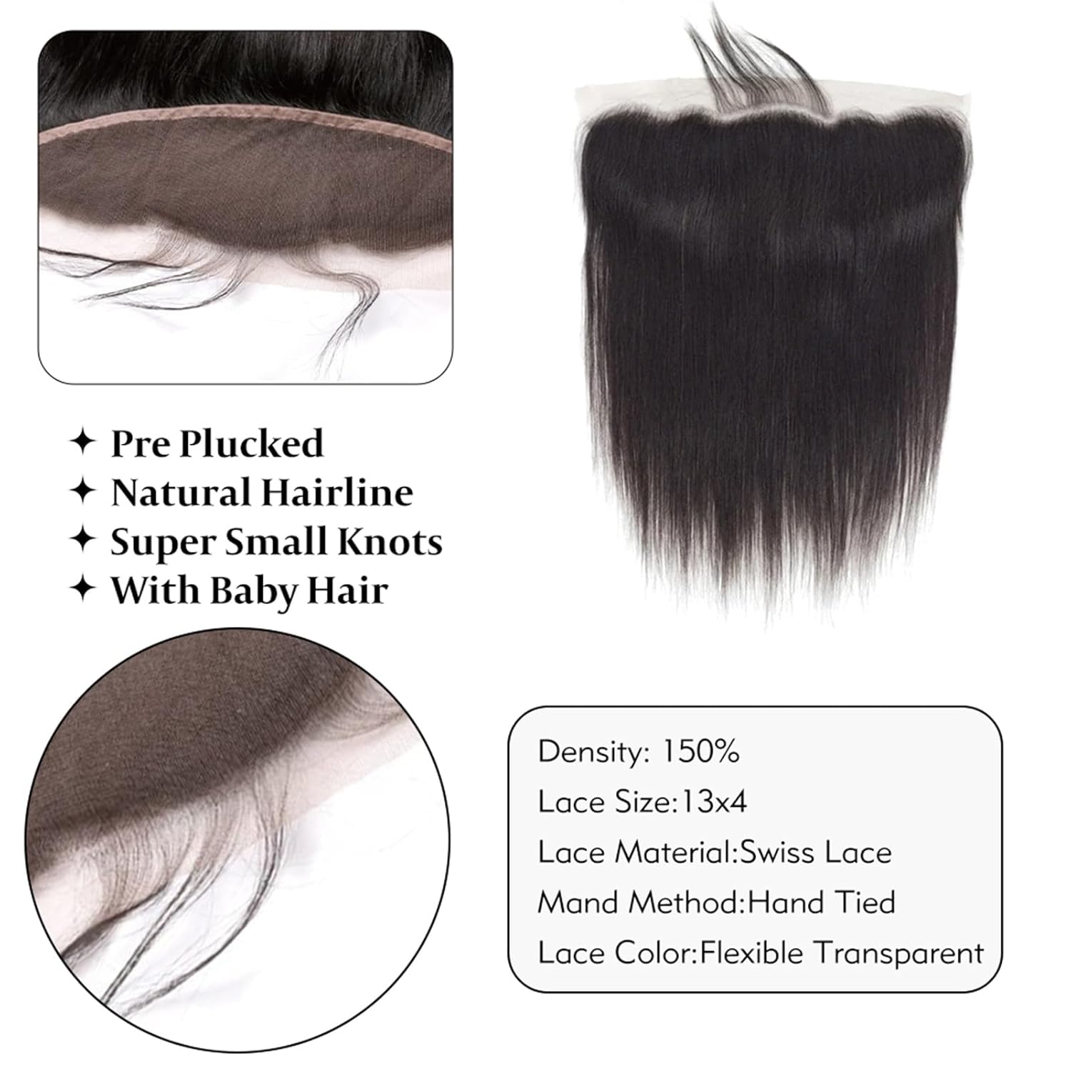 13x4 Lace Frontal Closure Straight Ear to Ear HD Lace Frontal Pre Plucked  12-14 Inch Brazilian Virgin Human Hair Frontals Free Part 150% Density Hair Extensions Natural Black