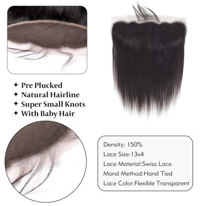 13x4 Lace Frontal Closure Straight Ear to Ear HD Lace Frontal Pre Plucked  12-14 Inch Brazilian Virgin Human Hair Frontals Free Part 150% Density Hair Extensions Natural Black