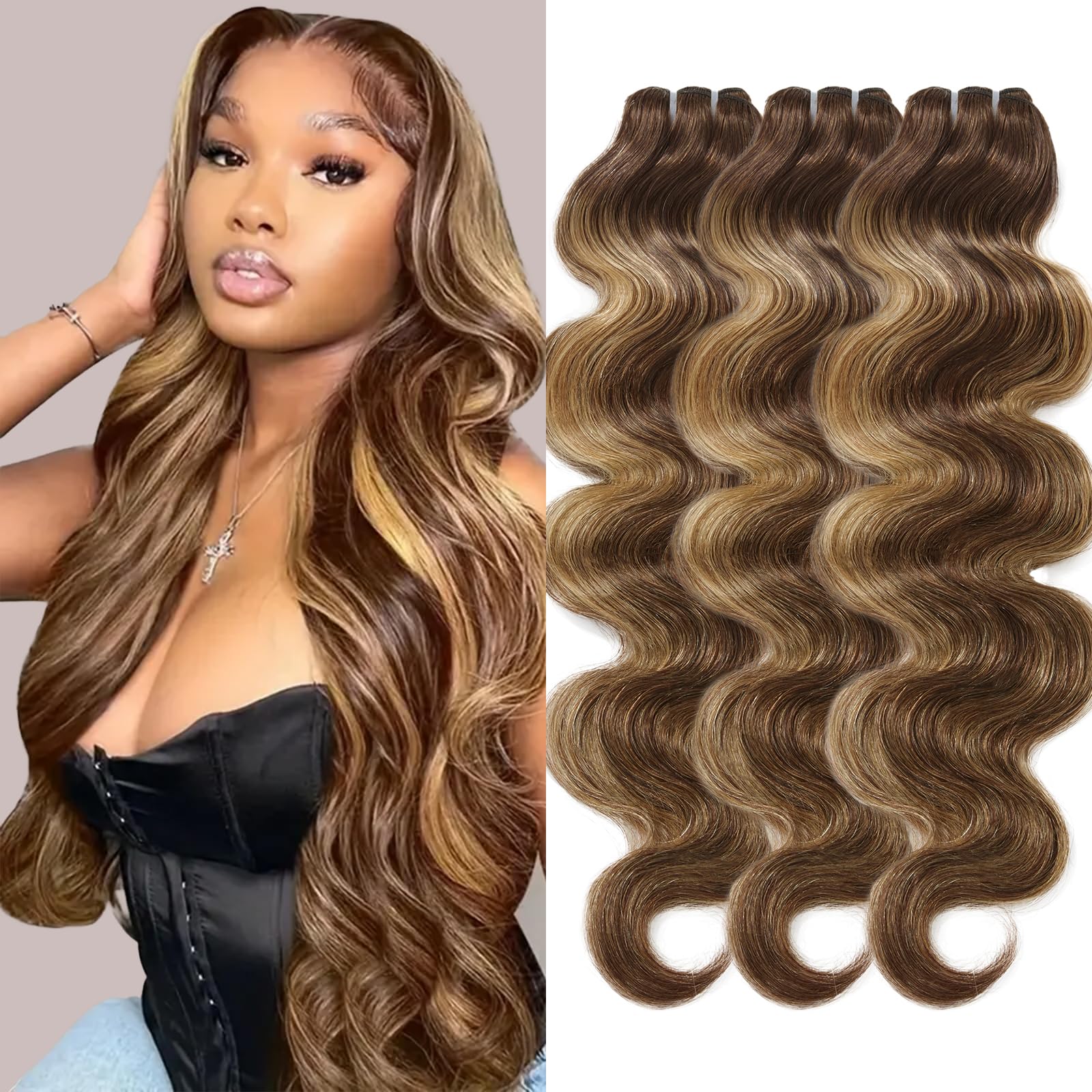 Wequeen Brown Highlight Body Wave | 100% Human Hair Bundles | Budget Friendly 10A Grade Brazilian Virgin 100% Human Hair Quick Weave Sew in/Glue in Viral Hair Bundles