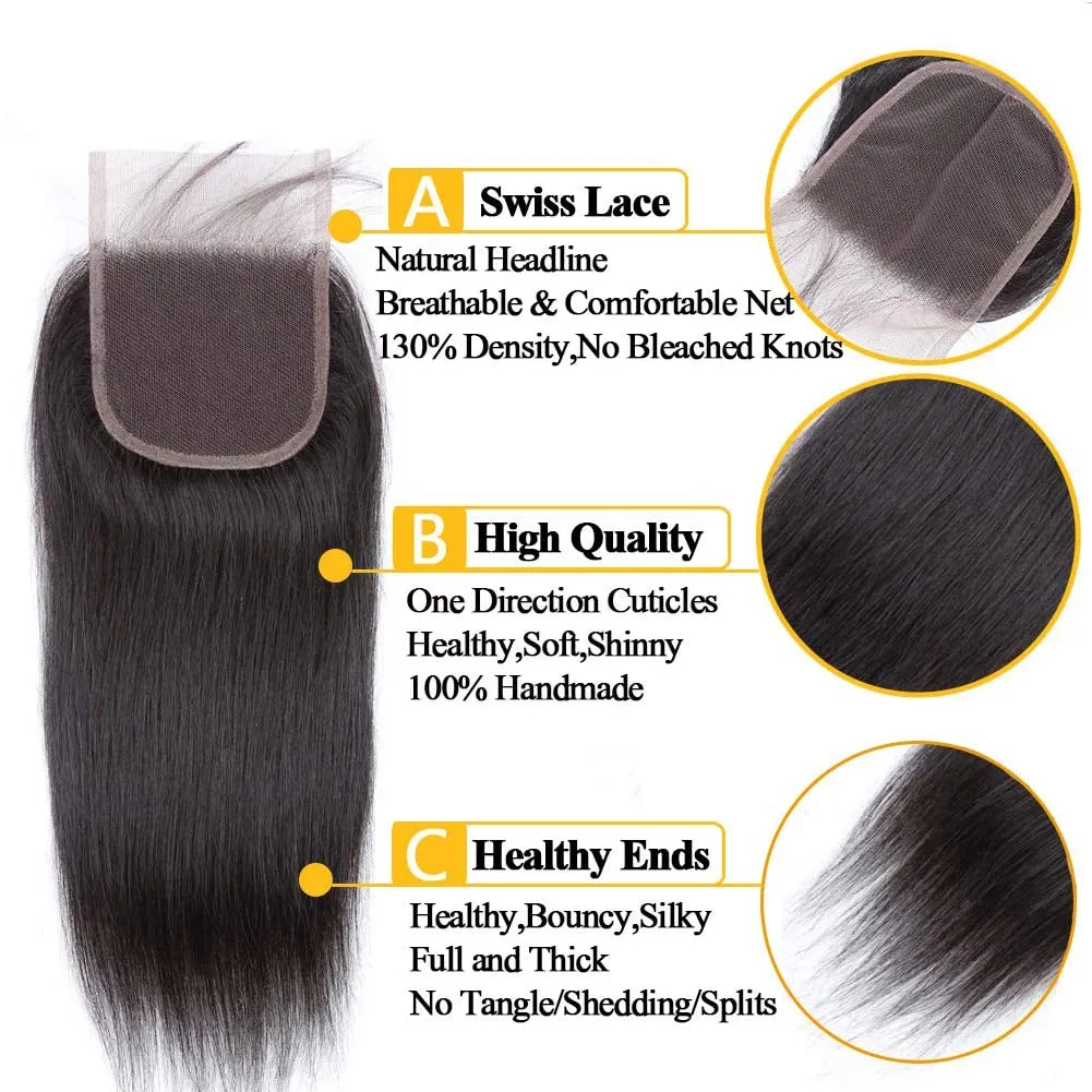 [Wequeen] 14-20 Inch 4" x 4" Straight Free Parted Lace Closure #1B Natural Black