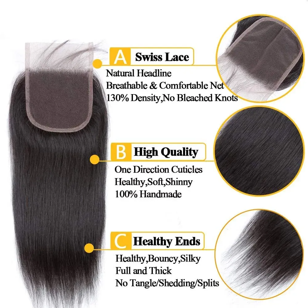 [Wequeen] 14-20 Inch 4" x 4" Straight Free Parted Lace Closure #1B Natural Black