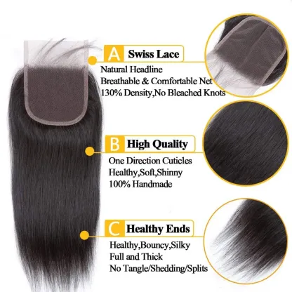 [Wequeen] 14-20 Inch 4" x 4" Straight Free Parted Lace Closure #1B Natural Black