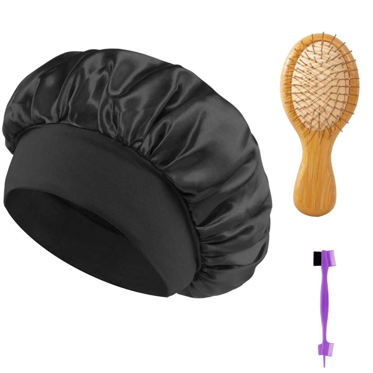 3-Piece Essential Hair Care Set – Styling Comb/Brush Options for All Hair Types + Brow Brush + Satin Sleep Bonnet, Curl & Volume Tools Available Random Color