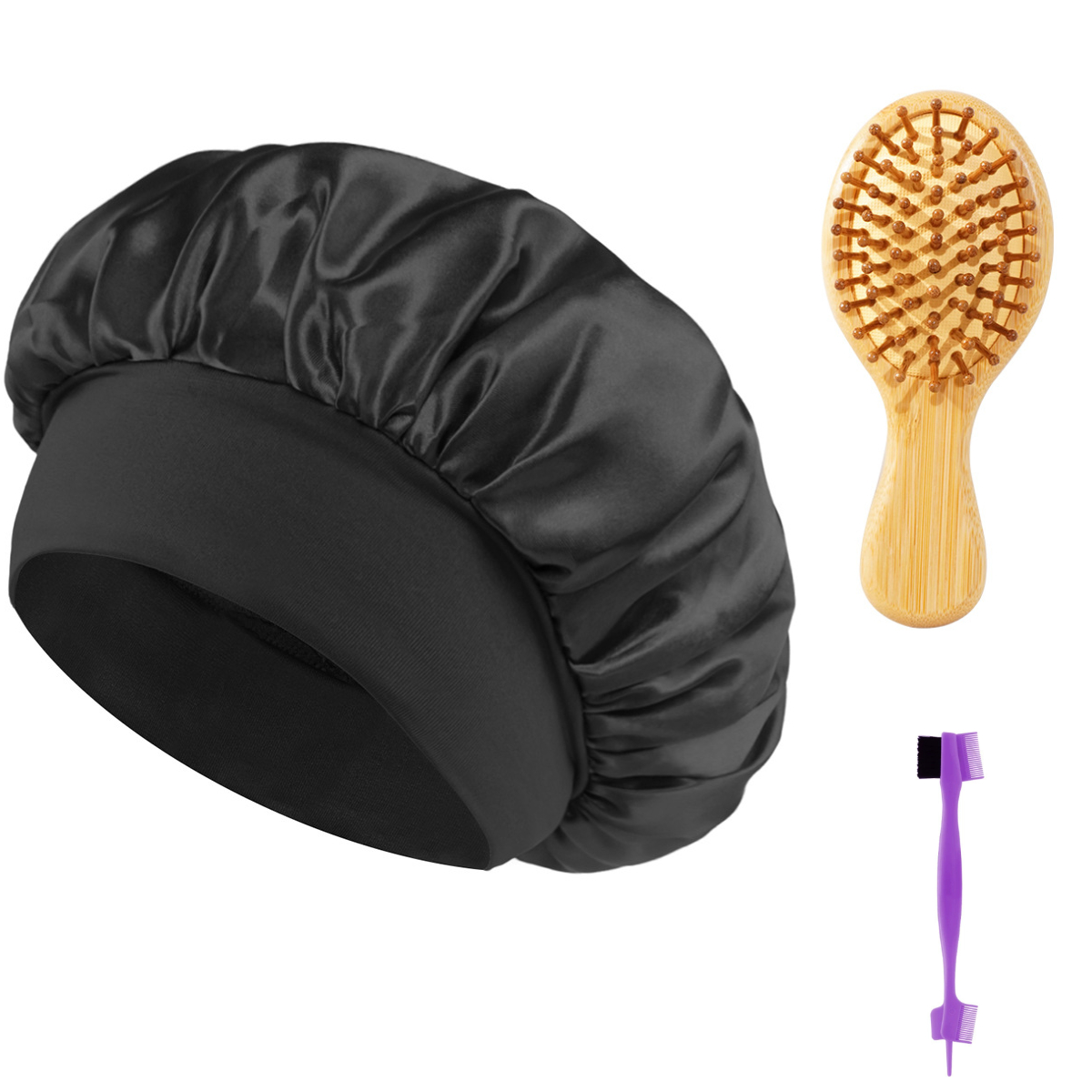 3-Piece Essential Hair Care Set – Styling Comb/Brush Options for All Hair Types + Brow Brush + Satin Sleep Bonnet, Curl & Volume Tools Available Random Color
