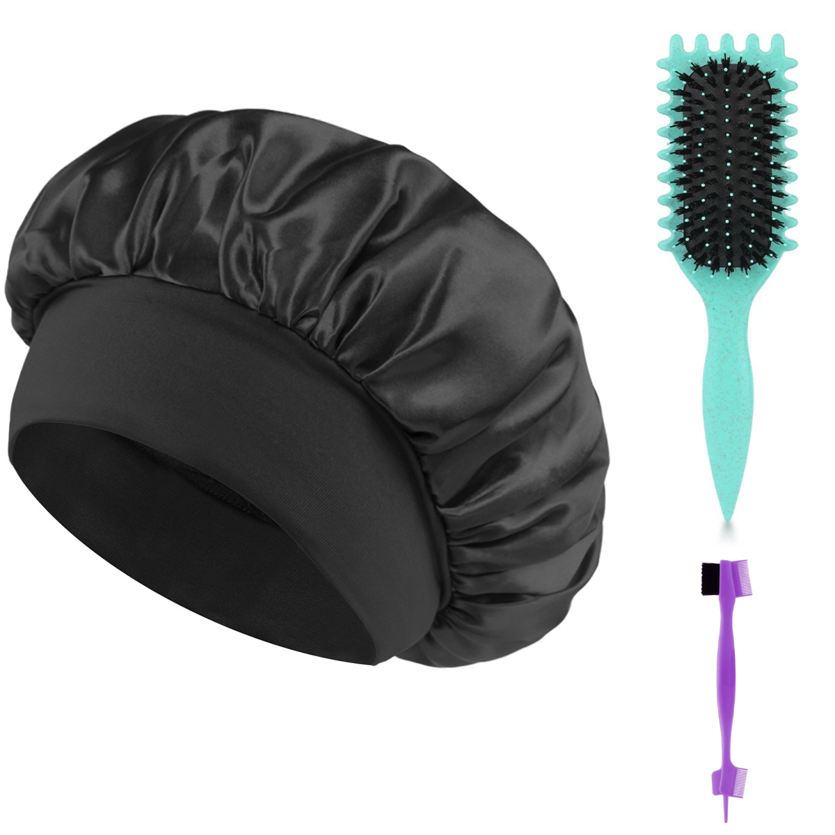 3-Piece Essential Hair Care Set – Styling Comb/Brush Options for All Hair Types + Brow Brush + Satin Sleep Bonnet, Curl & Volume Tools Available Random Color