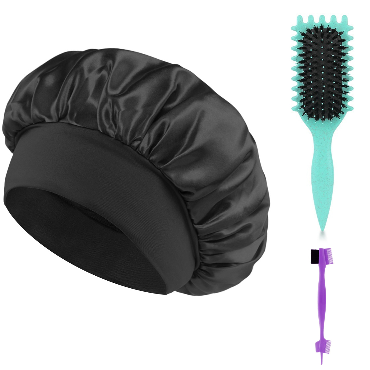 3-Piece Essential Hair Care Set – Styling Comb/Brush Options for All Hair Types + Brow Brush + Satin Sleep Bonnet, Curl & Volume Tools Available Random Color