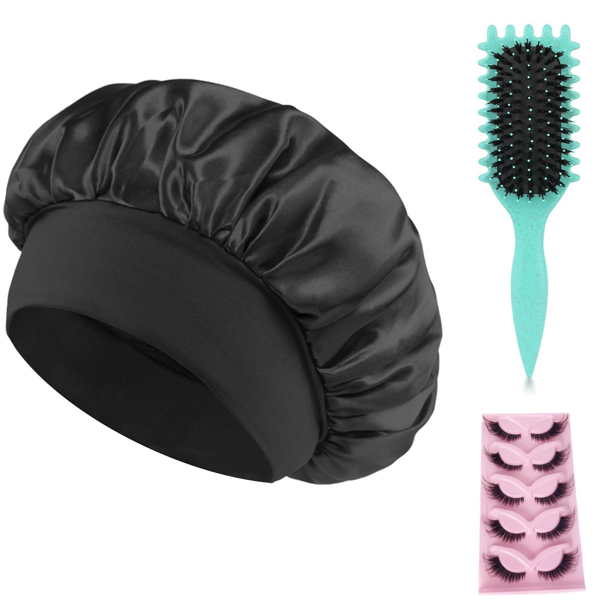 3-Piece Essential Hair Care Set – Styling Comb/Brush Options for All Hair Types + Brow Brush + Satin Sleep Bonnet, Curl & Volume Tools Available Random Color