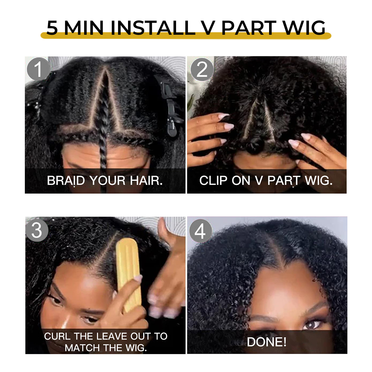 [Wequeen] Wear & Go Glueless Straight/ Kinky Curly V Part Wig No Leave Out Thin Part Human Hair Wigs for Beginner Protective Style - Natural Black #1b