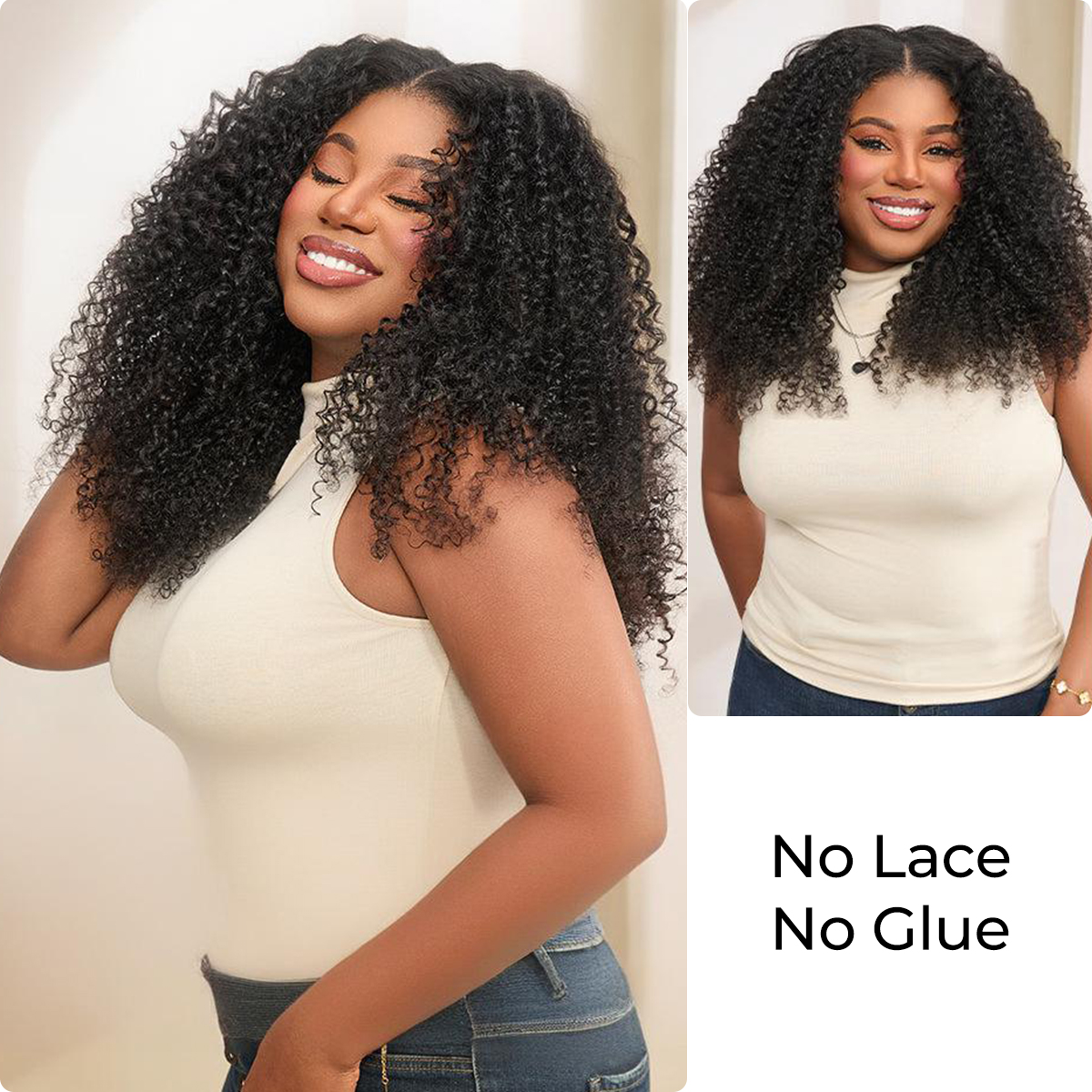 [Wequeen] Wear & Go Glueless Straight/ Kinky Curly V Part Wig No Leave Out Thin Part Human Hair Wigs for Beginner Protective Style - Natural Black #1b
