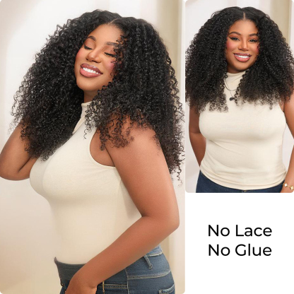 [Wequeen] Wear & Go Glueless Straight/ Kinky Curly V Part Wig No Leave Out Thin Part Human Hair Wigs for Beginner Protective Style - Natural Black #1b