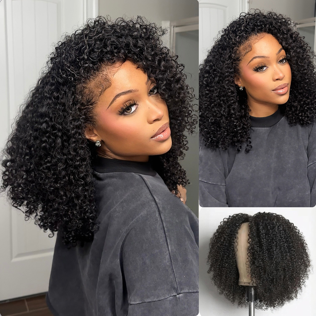 [Wequeen] Wear & Go Glueless Straight/ Kinky Curly V Part Wig No Leave Out Thin Part Human Hair Wigs for Beginner Protective Style - Natural Black #1b