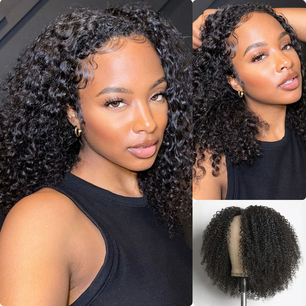 [Wequeen] Wear & Go Glueless Straight/ Kinky Curly V Part Wig No Leave Out Thin Part Human Hair Wigs for Beginner Protective Style - Natural Black #1b