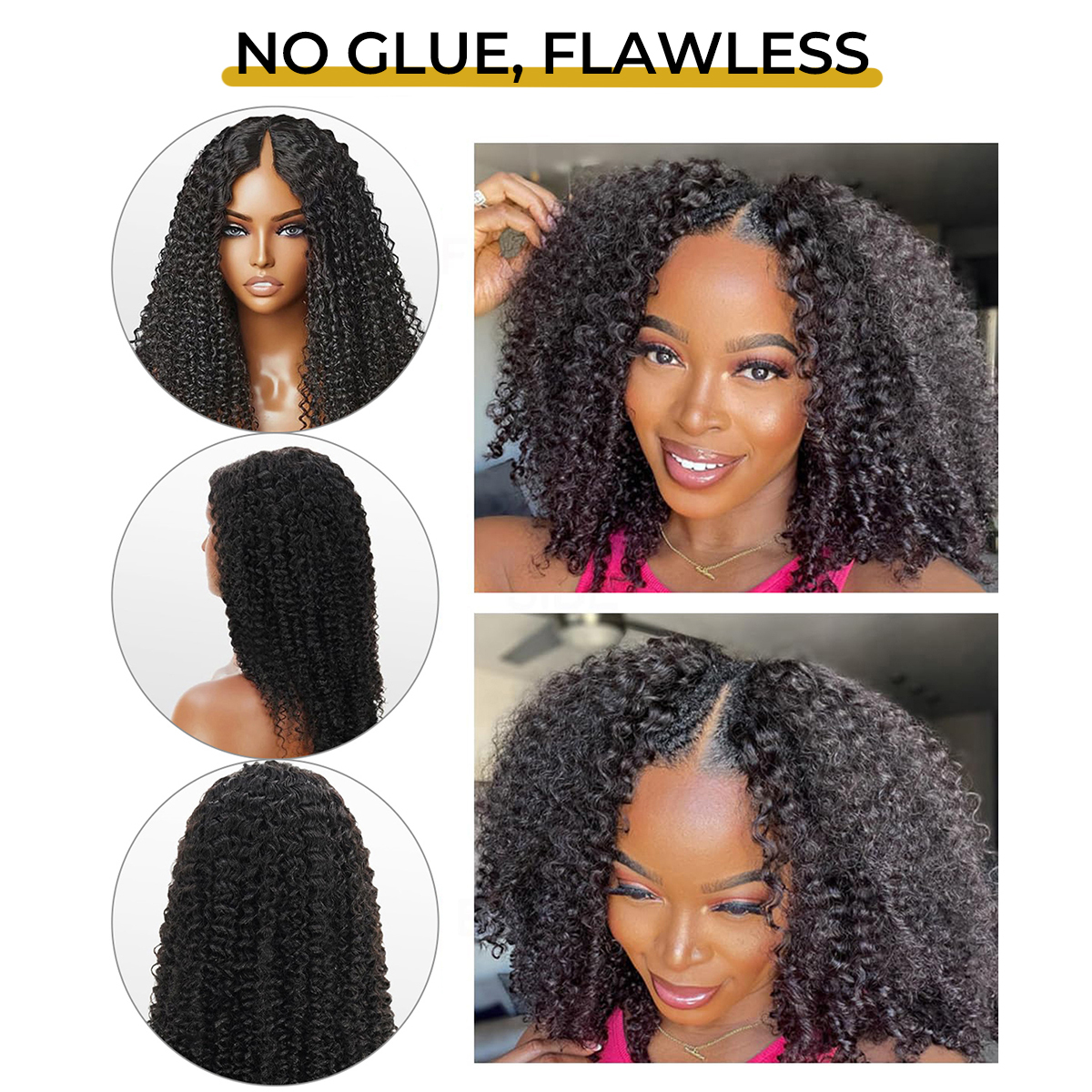 [Wequeen] Wear & Go Glueless Straight/ Kinky Curly V Part Wig No Leave Out Thin Part Human Hair Wigs for Beginner Protective Style - Natural Black #1b