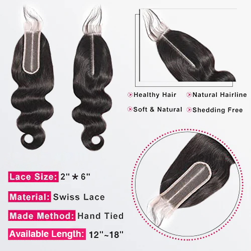 [Wequeen] 2"x6";4"x4";5"x5";13"x4";Upgrade Body Wave Straight Transparent Lace Closure #1B Natural Black 12-18inch