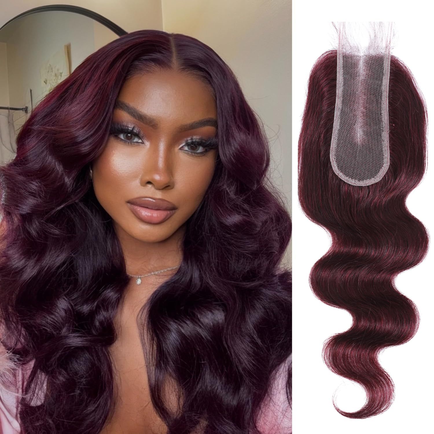 2x6 Lace Closure Human Hair Body Wave 99J Burgundy Dark Red Wine Color