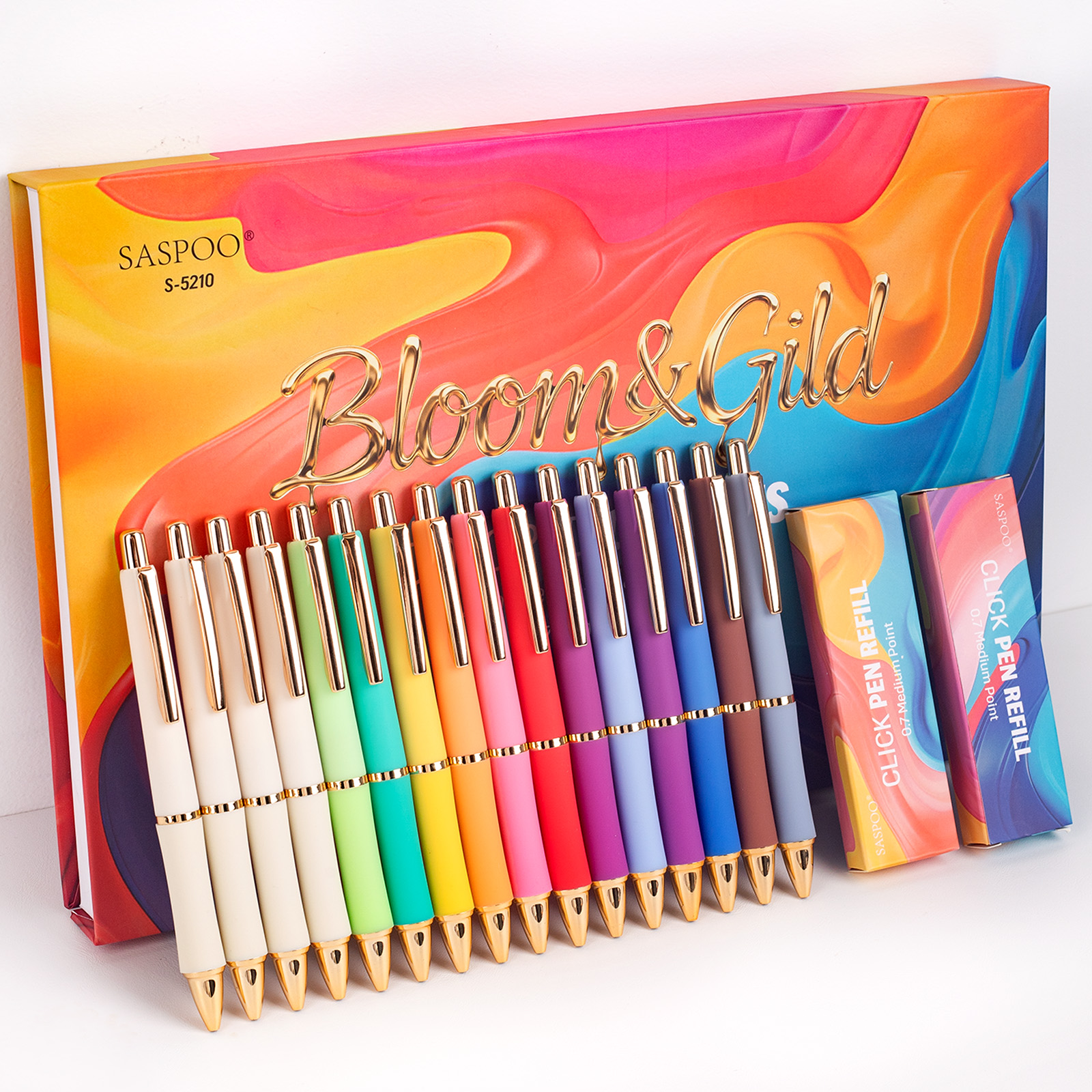  Gel Pens, Assorted Colors, 0.7mm Medium Point, Comfortable Grip,Bloom&Gild Series, 16 Count with 24 Refills, Smooth Writing Colorful Gel Pens Multicolor Pens