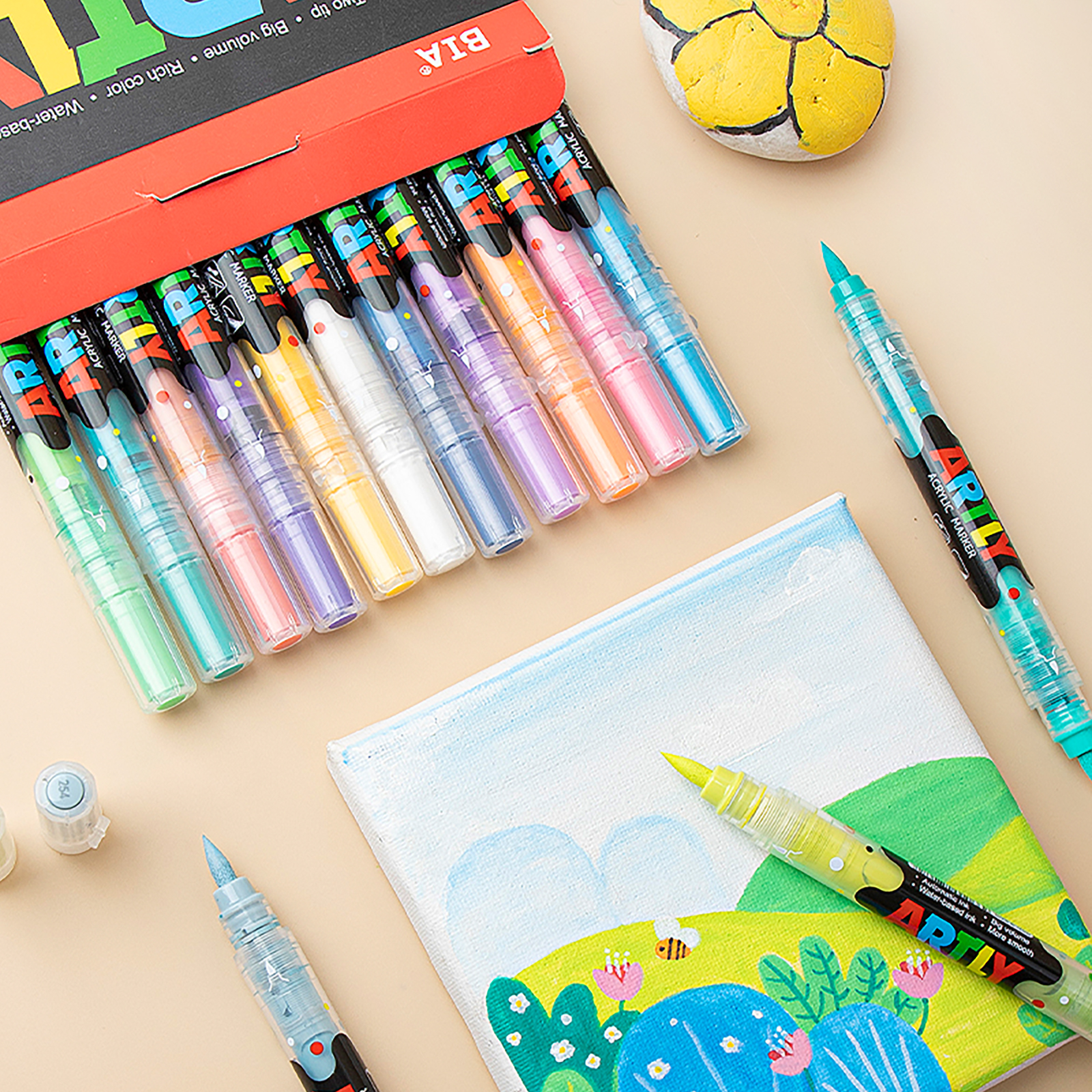 SASPOO Double Tipped Dual-Color Acrylic Brush Marker Pen, 1 Set 24 Colors Waterproof Pen with Soft Brush Nib,Acrylic Paint Markers for Glass Stone Wood Plastic Paper