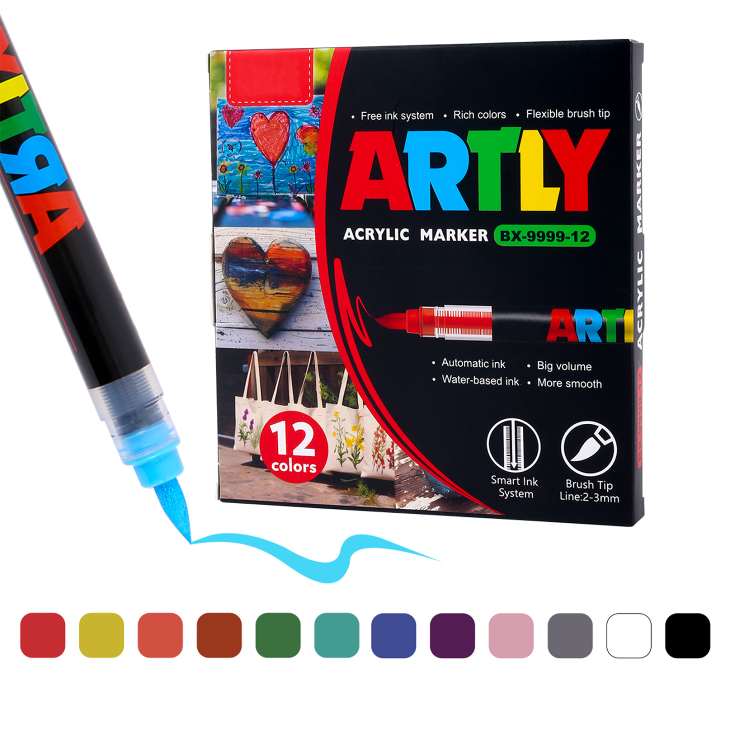 SASPOO Acrylic Brush Marker Pen, 12Colors  Waterproof Pen with Soft Brush Nib,Acrylic Paint Markers, Art Paint Marking Set for Glass Stone Wood Plastic Paper 