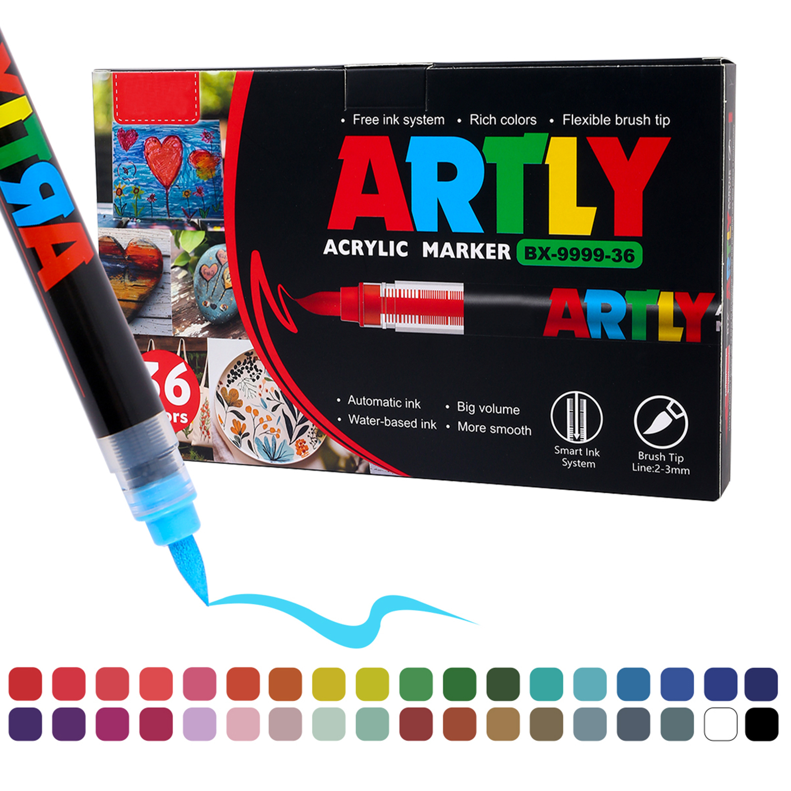 SASPOO Acrylic Brush Marker Pen, 36Colors  Waterproof Pen with Soft Brush Nib,Acrylic Paint Markers, Art Paint Marking Set for Glass Stone Wood Plastic Paper 