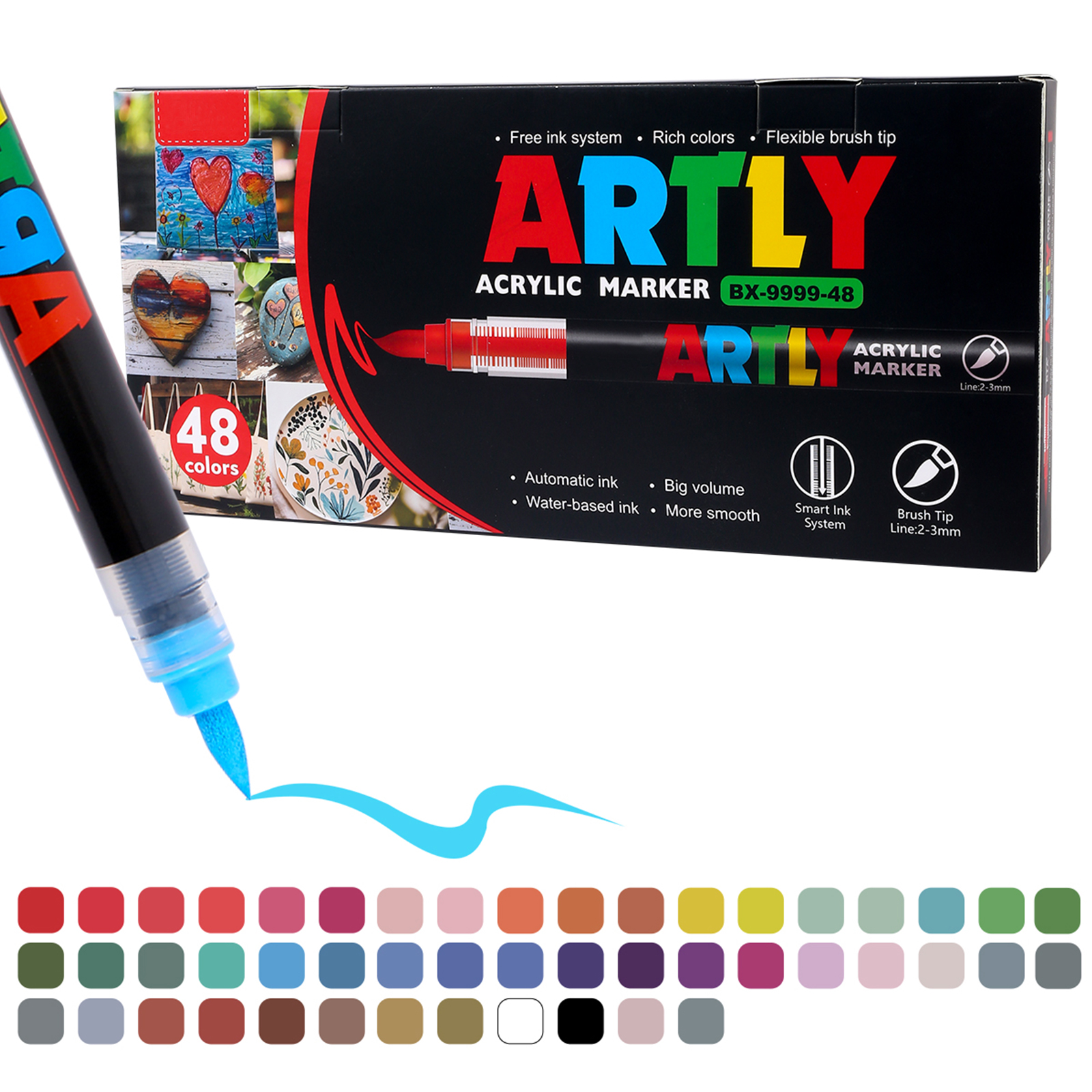 SASPOO Acrylic Brush Marker Pen, 48Colors  Waterproof Pen with Soft Brush Nib,Acrylic Paint Markers, Art Paint Marking Set for Glass Stone Wood Plastic Paper 
