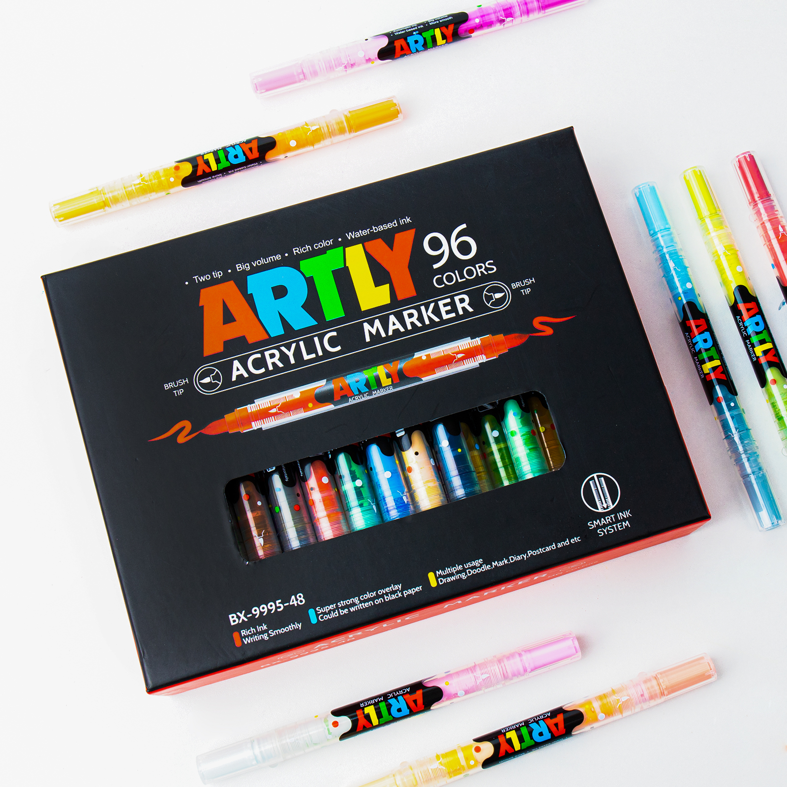 SASPOO Double Tipped Dual-Color Acrylic Brush Marker Pen, 1 Set 96 Colors Waterproof Pen with Soft Brush Nib,Acrylic Paint Markers for Glass Stone Wood Plastic Paper