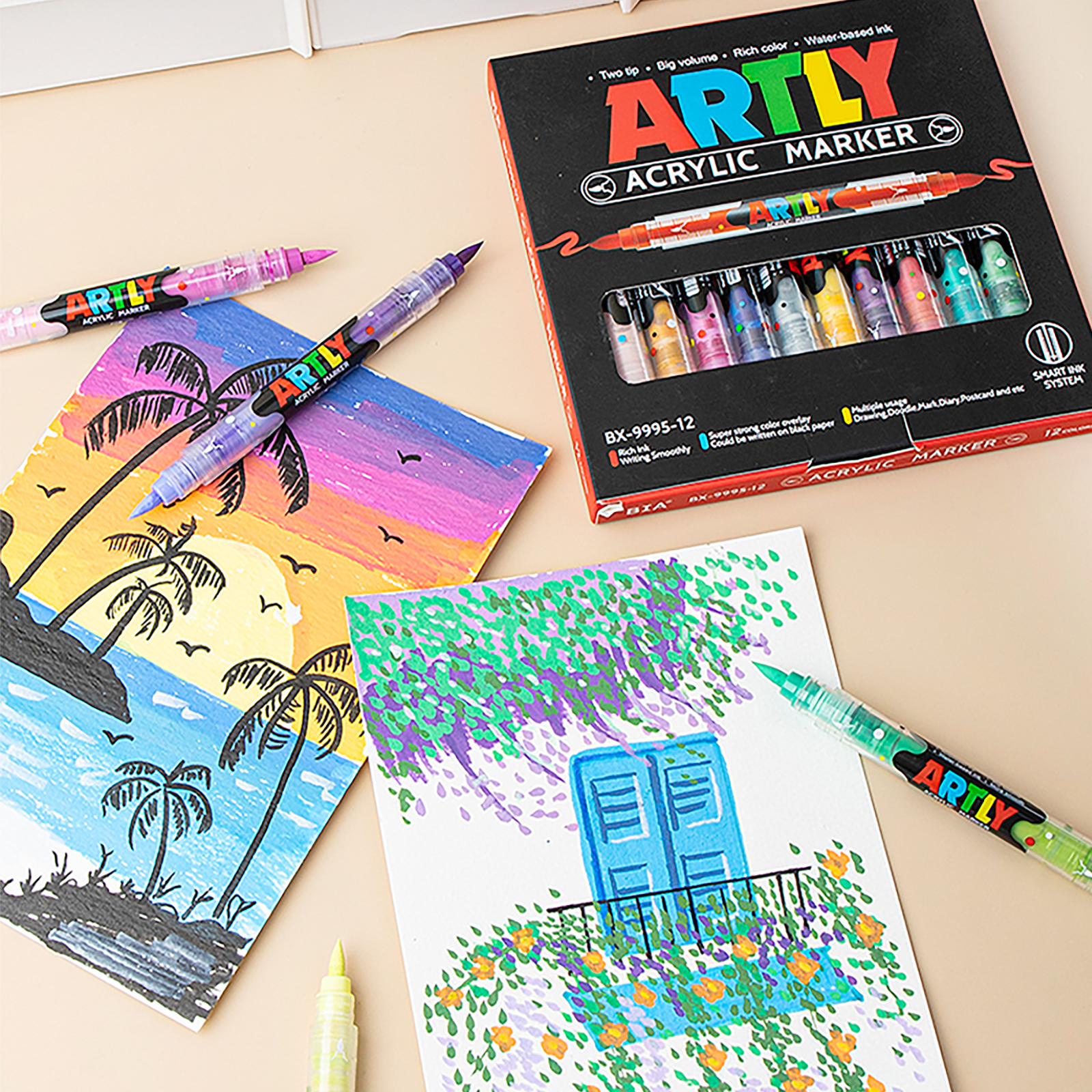 SASPOO Double Tipped Dual-Color Acrylic Brush Marker Pen, 1 Set 24 Colors Waterproof Pen with Soft Brush Nib,Acrylic Paint Markers for Glass Stone Wood Plastic Paper