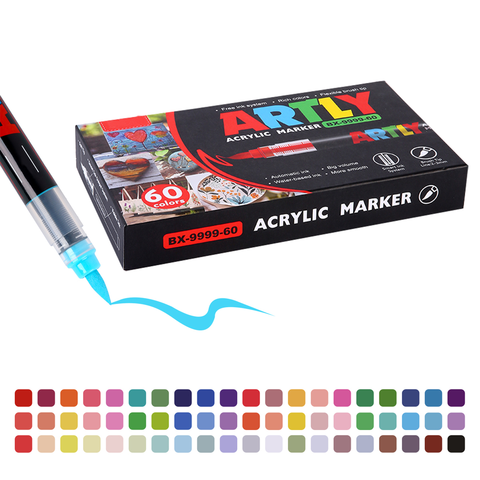 SASPOO Acrylic Brush Marker Pen, 60 Colors  Waterproof Pen with Soft Brush Nib,Acrylic Paint Markers, Art Paint Marking Set for Glass Stone Wood Plastic Paper 