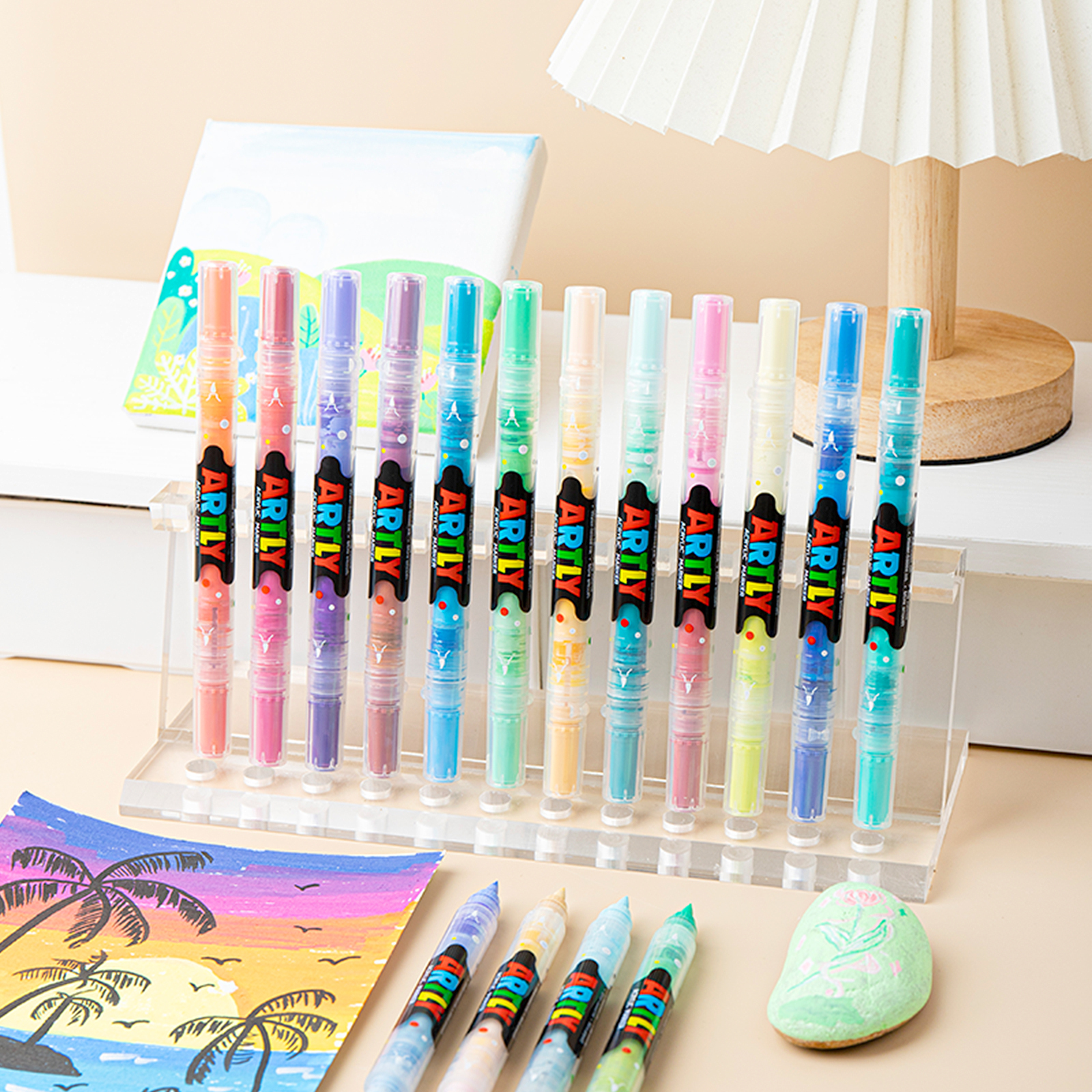 SASPOO Double Tipped Dual-Color Acrylic Brush Marker Pen, 1 Set 24 Colors Waterproof Pen with Soft Brush Nib,Acrylic Paint Markers for Glass Stone Wood Plastic Paper