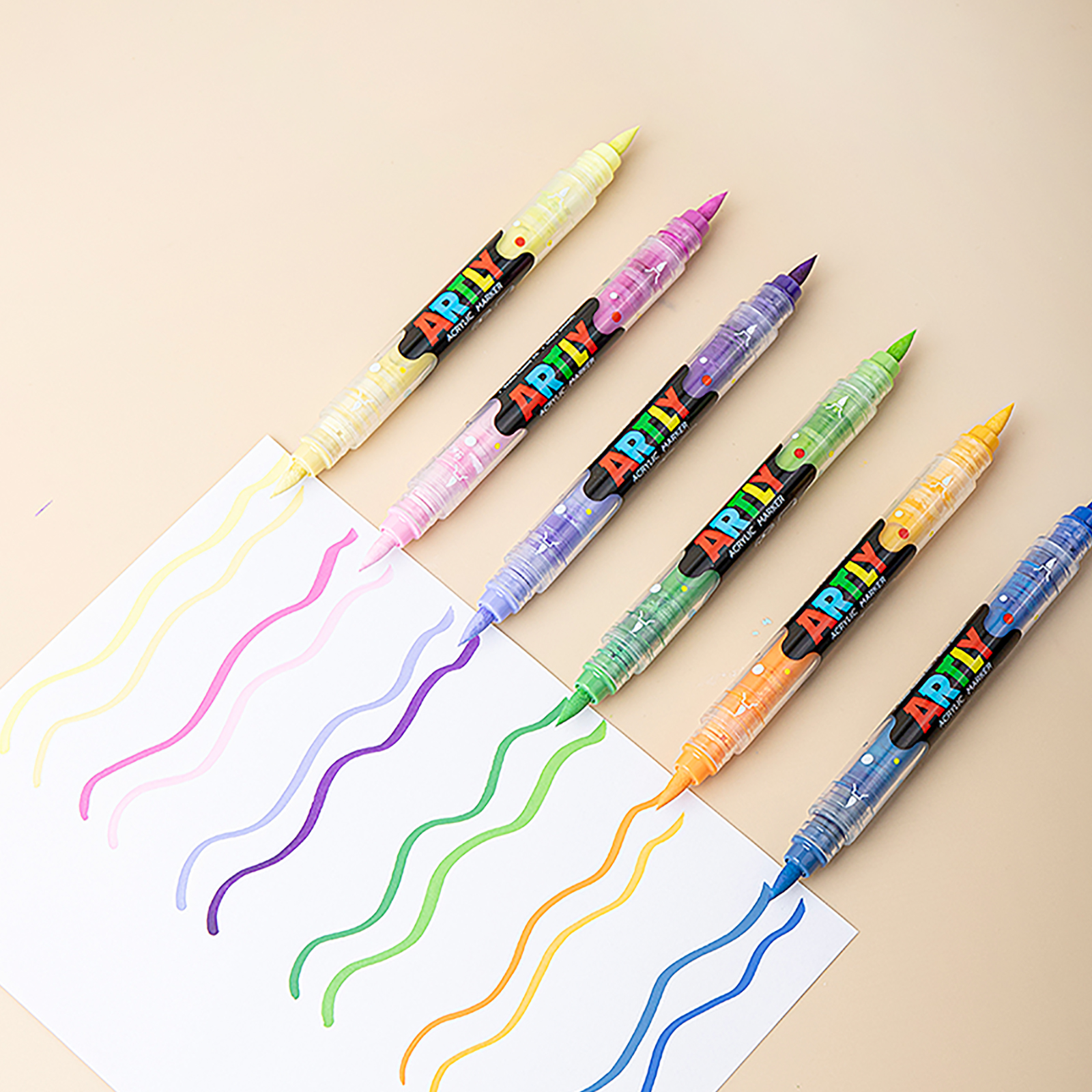 SASPOO Double Tipped Dual-Color Acrylic Brush Marker Pen, 1 Set 24 Colors Waterproof Pen with Soft Brush Nib,Acrylic Paint Markers for Glass Stone Wood Plastic Paper