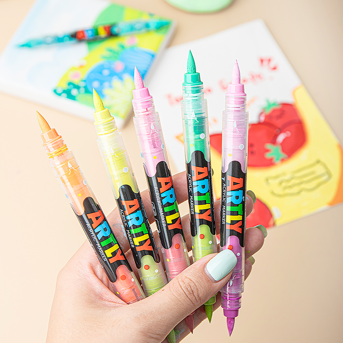 SASPOO Double Tipped Dual-Color Acrylic Brush Marker Pen, 1 Set 24 Colors Waterproof Pen with Soft Brush Nib,Acrylic Paint Markers for Glass Stone Wood Plastic Paper