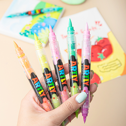 SASPOO Double Tipped Dual-Color Acrylic Brush Marker Pen, 1 Set 24 Colors Waterproof Pen with Soft Brush Nib,Acrylic Paint Markers for Glass Stone Wood Plastic Paper