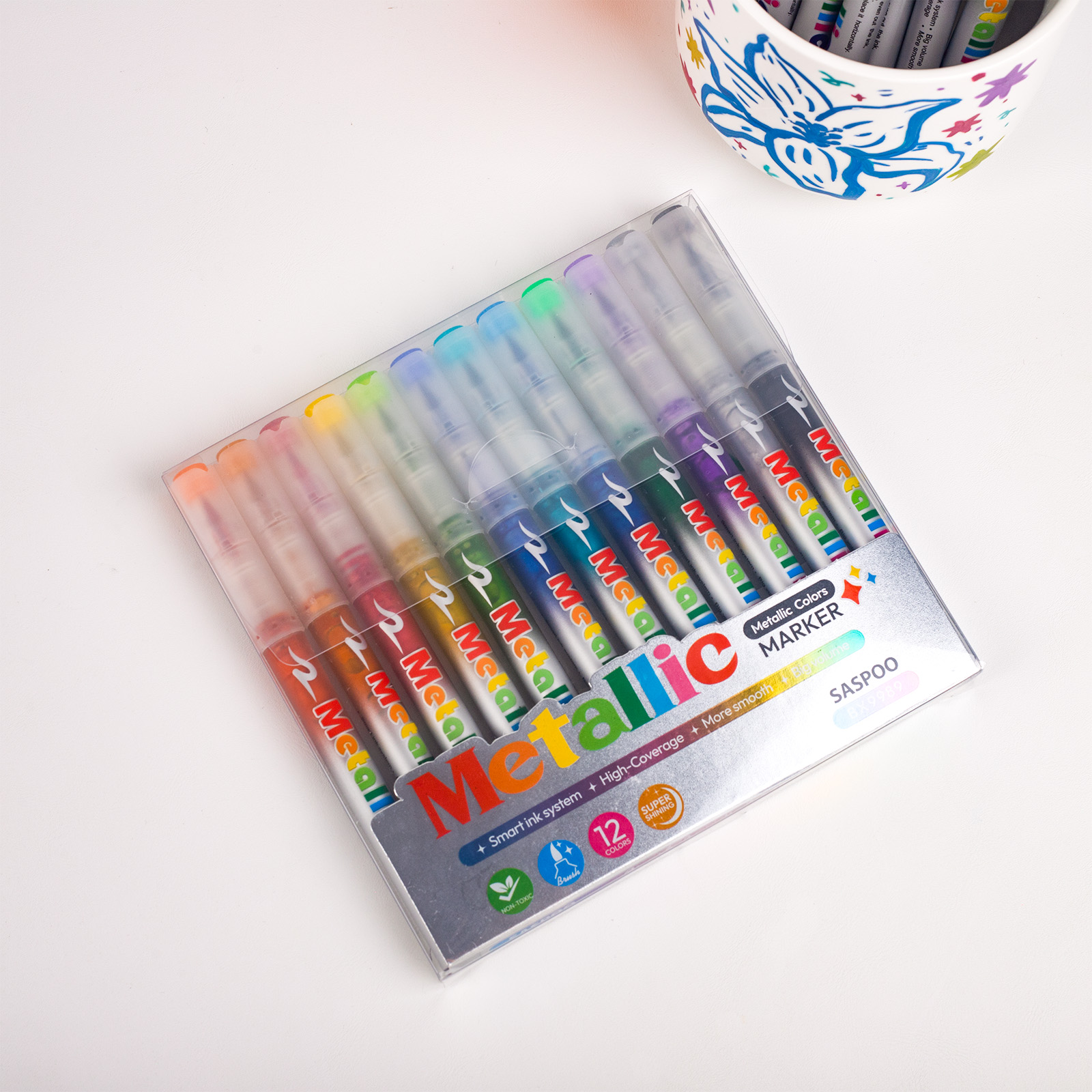Metallic color marker,Nail Art Pens Set,Soft Brush Nib ,Acrylic Paint Markers, Art Paint Marking Set for Glass Stone Wood Plastic Paper