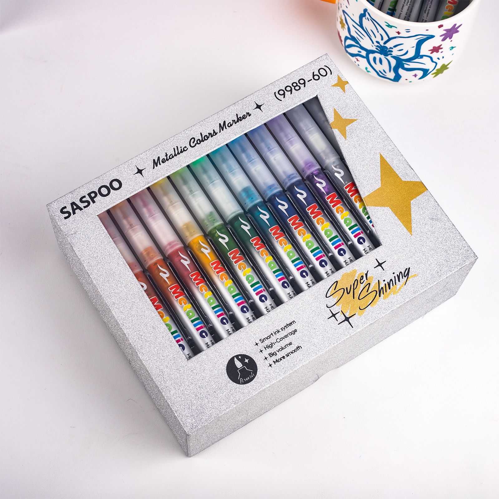 Metallic color marker,Nail Art Pens Set,Soft Brush Nib ,Acrylic Paint Markers, Art Paint Marking Set for Glass Stone Wood Plastic Paper