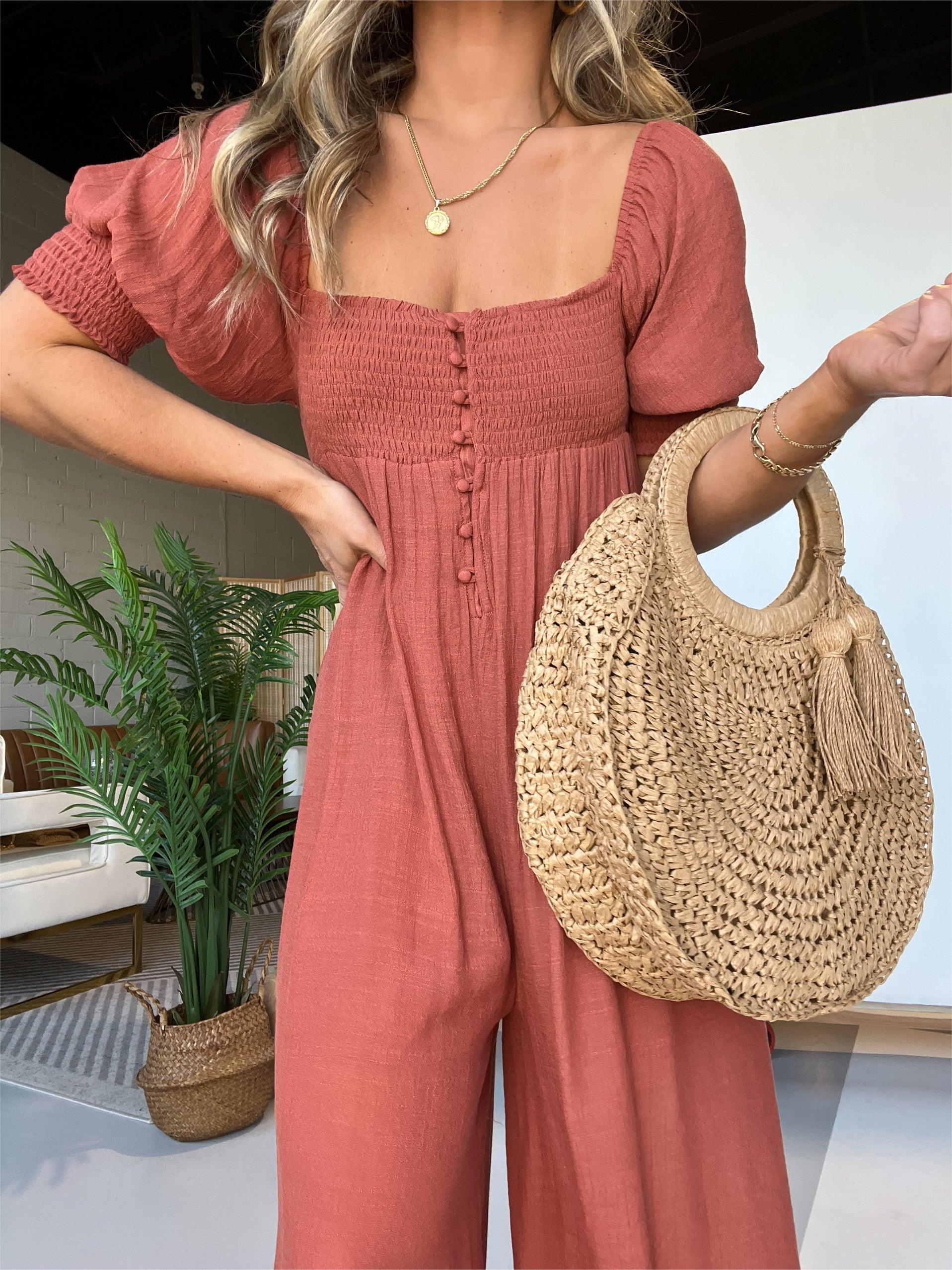 2024 New Square Neckline Jumpsuit with Smocked Bodice Button (Buy 2 Free Shipping)