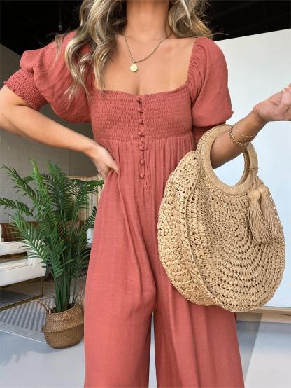 2024 New Square Neckline Jumpsuit with Smocked Bodice Button (Buy 2 Free Shipping)
