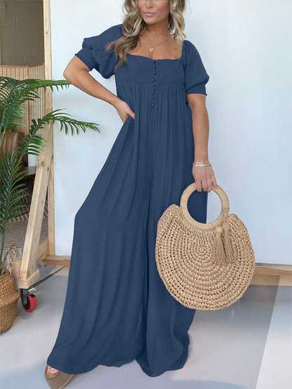 2024 New Square Neckline Jumpsuit with Smocked Bodice Button (Buy 2 Free Shipping)