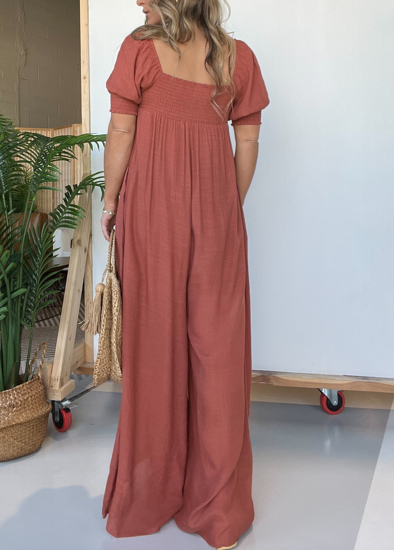 2024 New Square Neckline Jumpsuit with Smocked Bodice Button (Buy 2 Free Shipping)