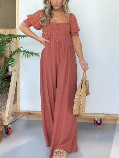 2024 New Square Neckline Jumpsuit with Smocked Bodice Button (Buy 2 Free Shipping)