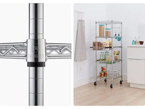 nsf certified mark on each corner of the shelves, kitchen pantry rack next to a counter