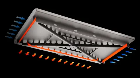 Integrated Wind Guards A graphic of the Omnivore Griddle Plate having windguards to keep heat unde the griddle plate and exhausting out the back.