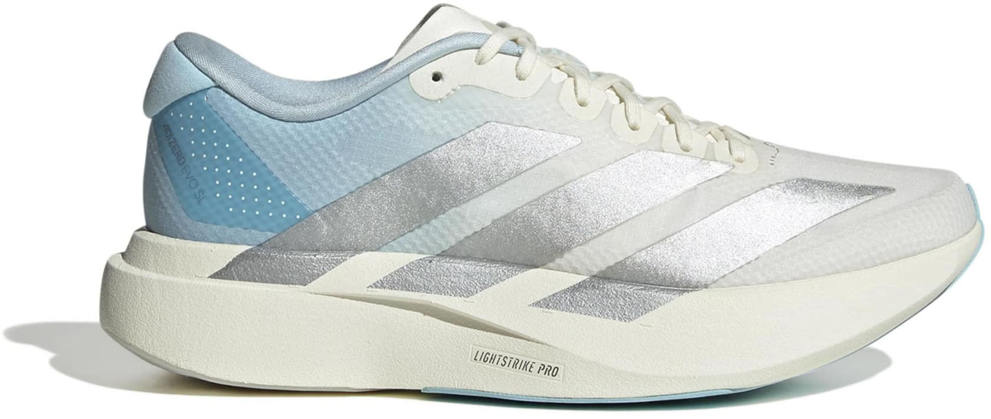 adidas Women's Adizero EVO SL Woven Running Shoes - Off White/Silver Met./Icey Blue - View 1